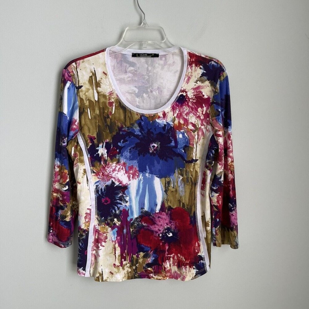 Lior Paris Multicolor Floral 3/4 Sleeve Pullover Top Blouse Art to Wear